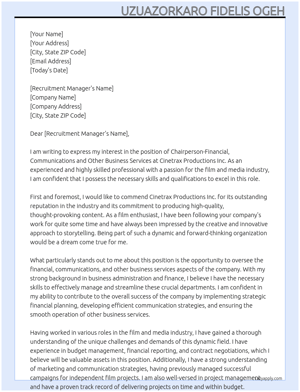 Chairperson-Financial, Communications and Other Business Services At Cinetrax Productions Inc. Cover Letter