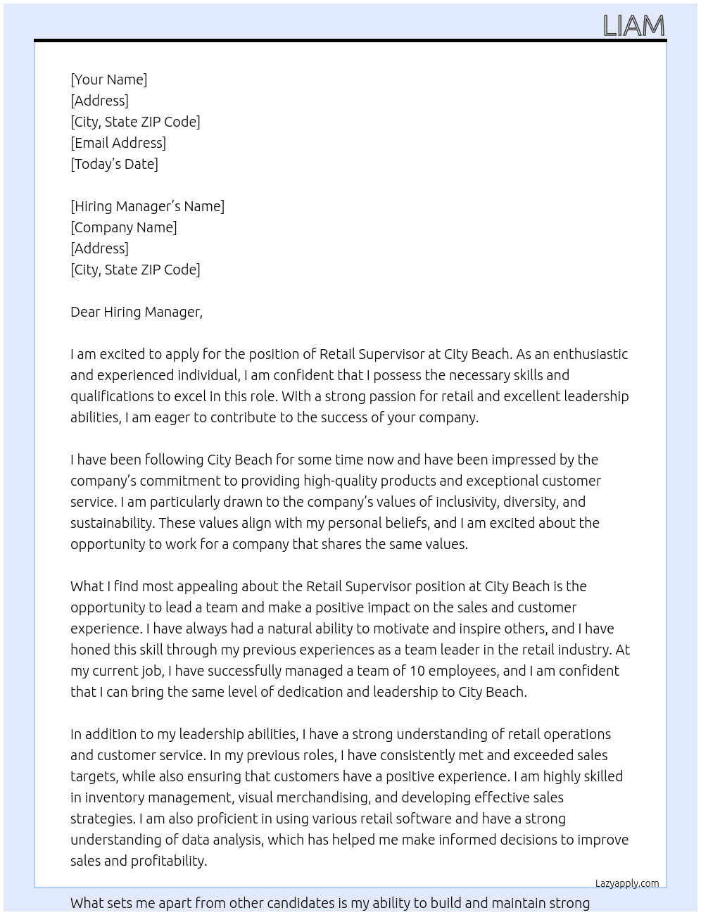 Retail Supervisor At City Beach Cover Letter