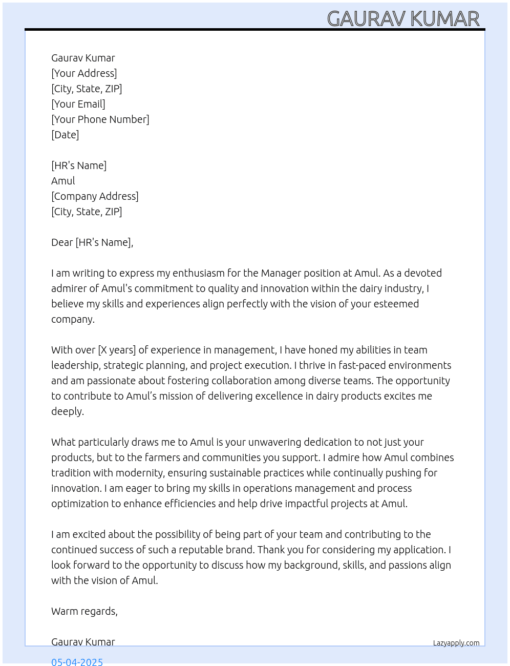 manager  At Amul  Cover Letter