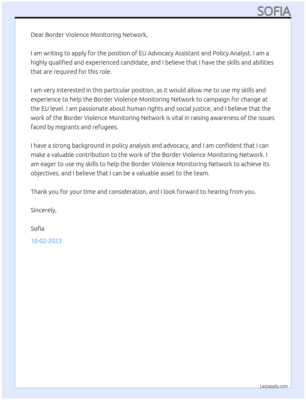 EU Advocacy Assistant and Policy Analyst At Border Violence Monitoring Network Cover Letter