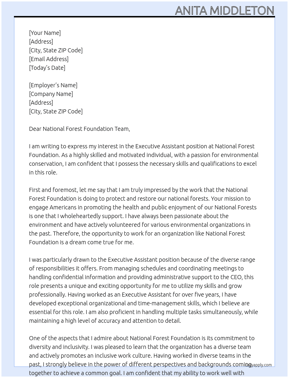 Executive Assistant At National Forest foundation Cover Letter
