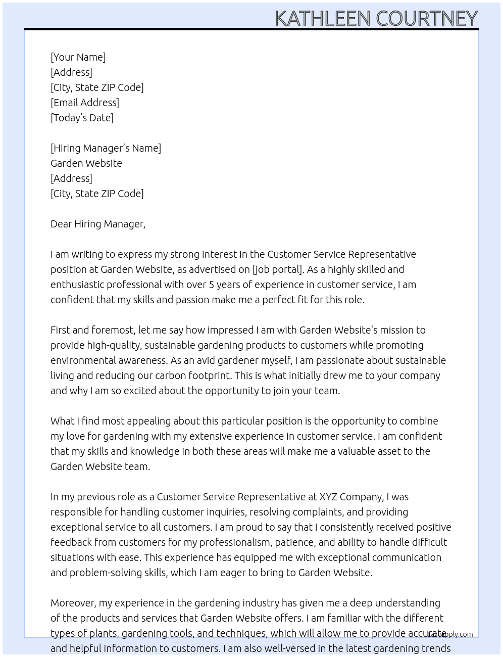 customer service representative At GARDEN WEBSITE Cover Letter