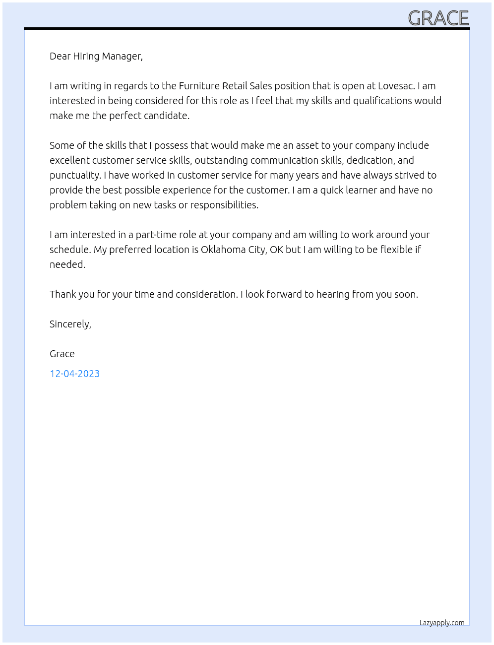 Furniture Retail Sales At Lovesac Cover Letter