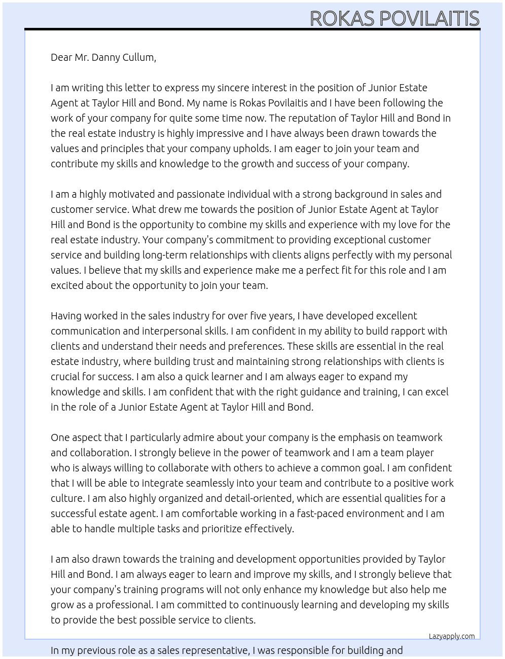 Junior estate agent At Taylor hill and bond Cover Letter