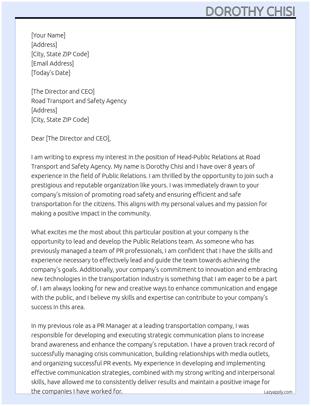 Head-Public Relations At Road Transport and Safety Agency Cover Letter