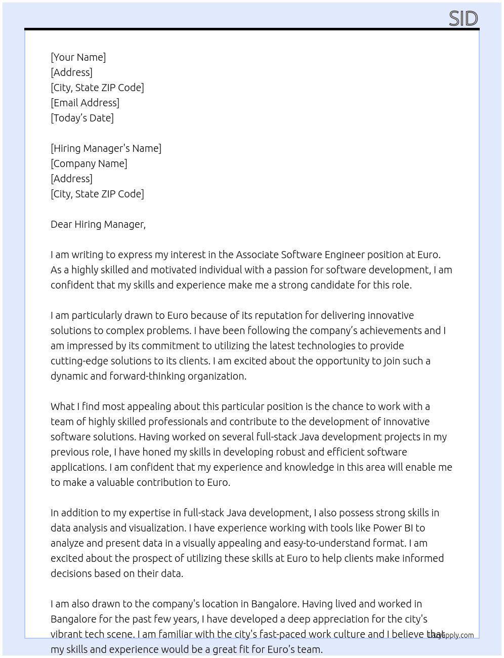 Associate software engineer  At Euro Cover Letter