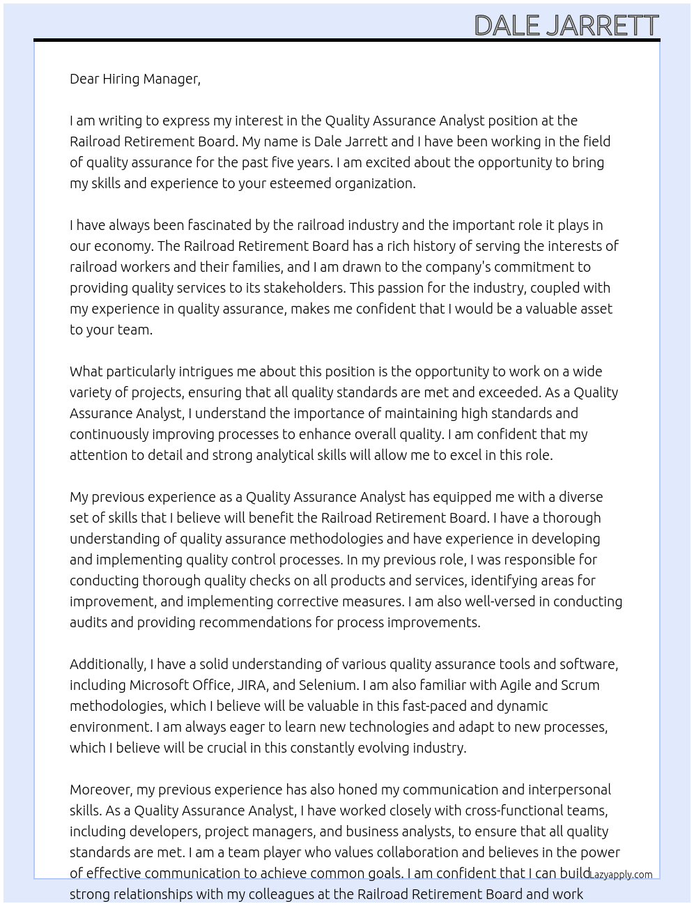 Quality Assurance Analyst At Railroad Retirement Board Cover Letter