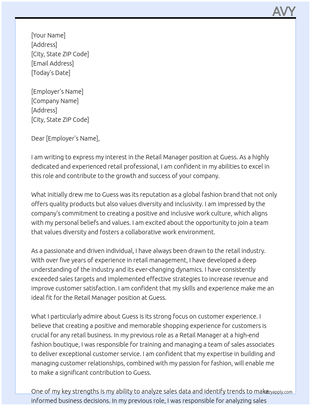 retail manager At guess Cover Letter