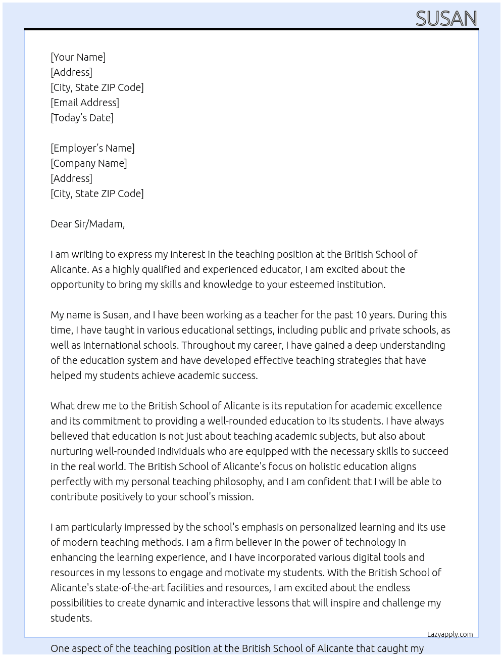 teacher At British School of Alicante Cover Letter