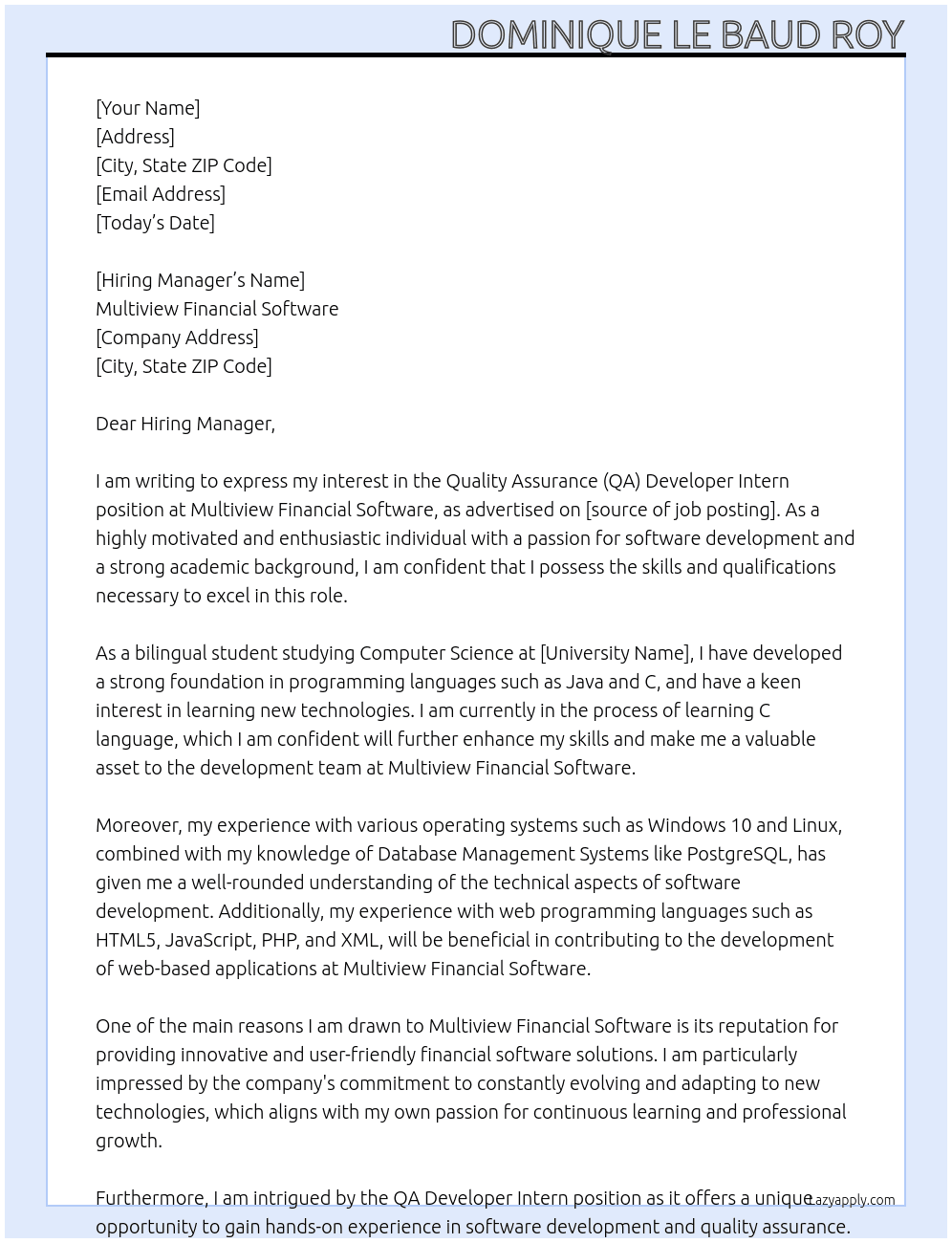 QA Developer Intern At Multiview Financial Software Cover Letter