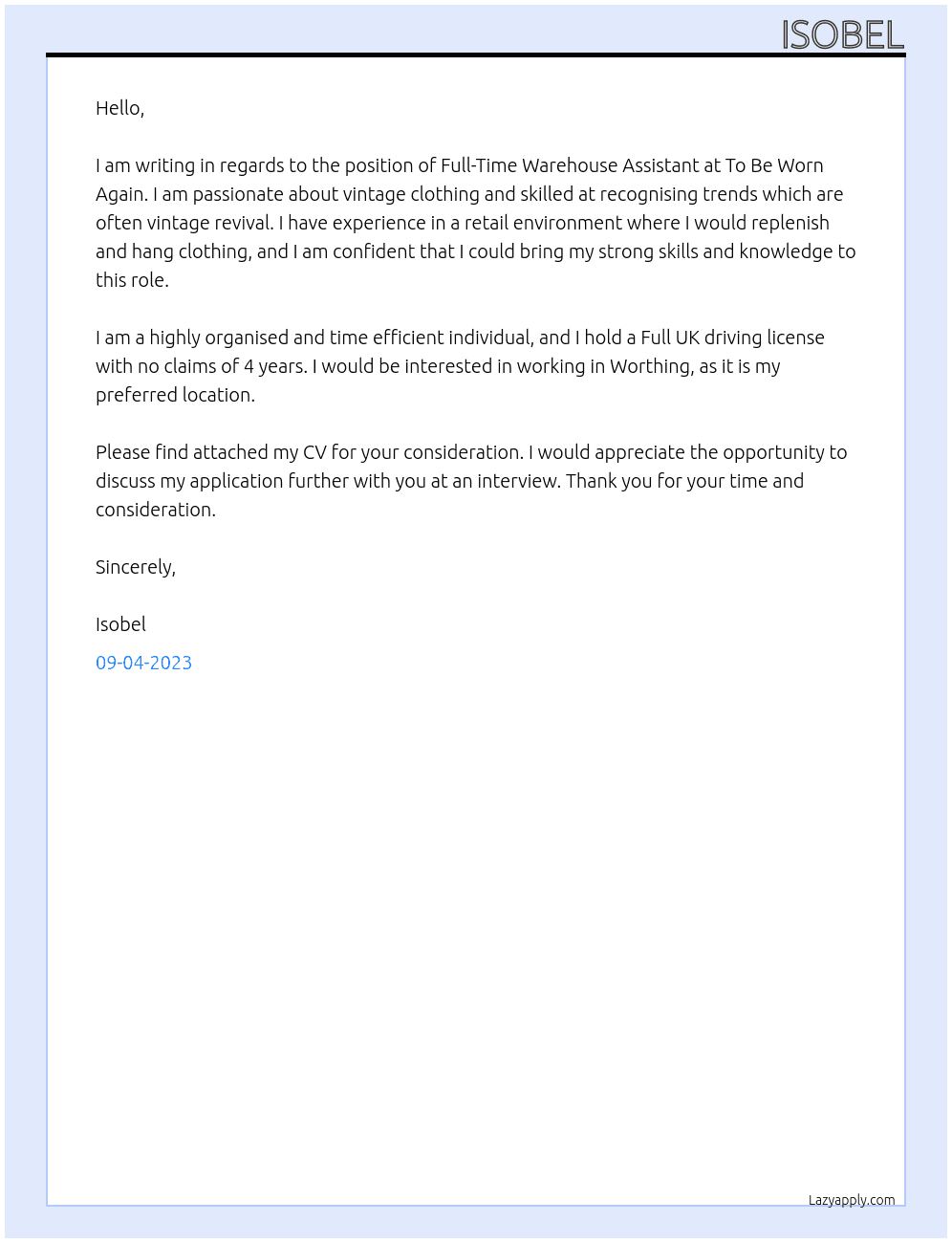 Full-Time Warehouse Assistant At To Be Worn Again Cover Letter