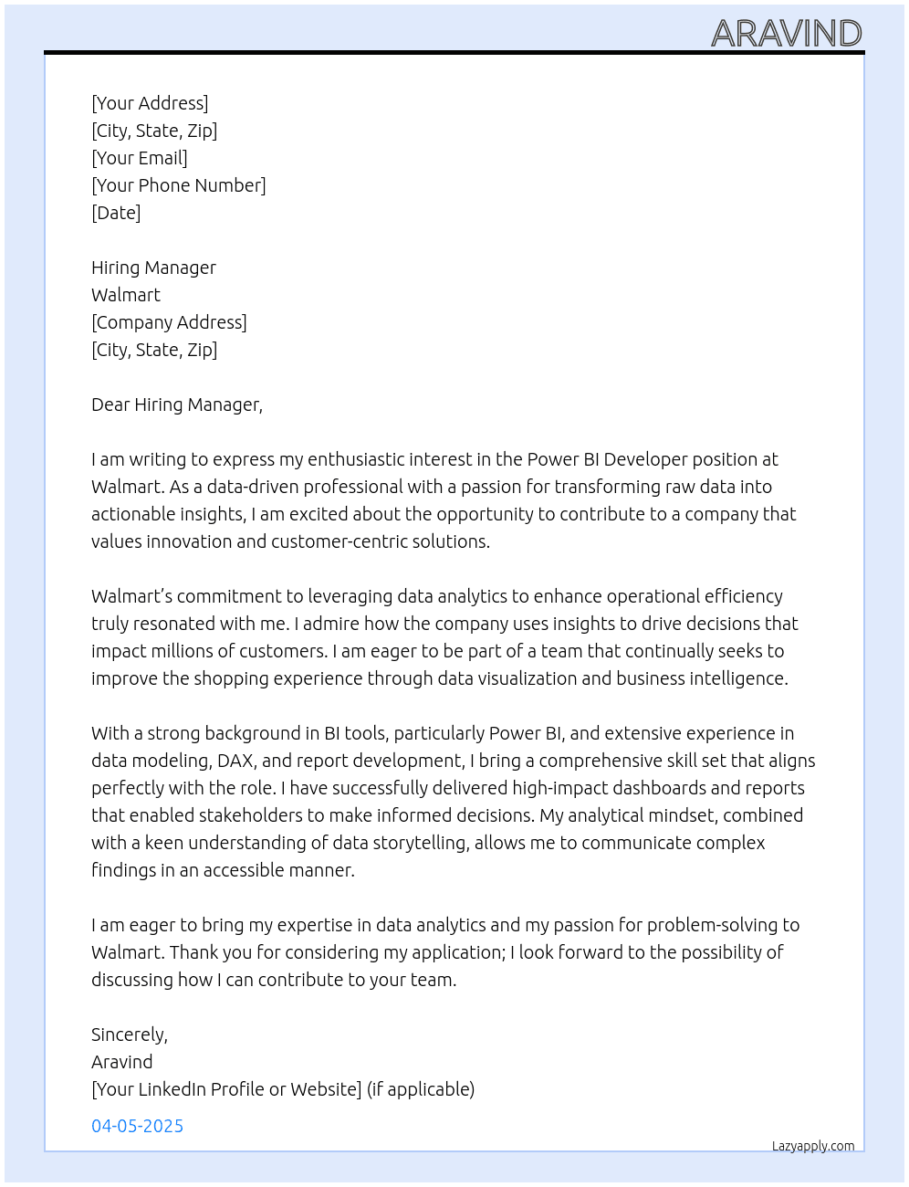 Power BI developer At Walmart Cover Letter