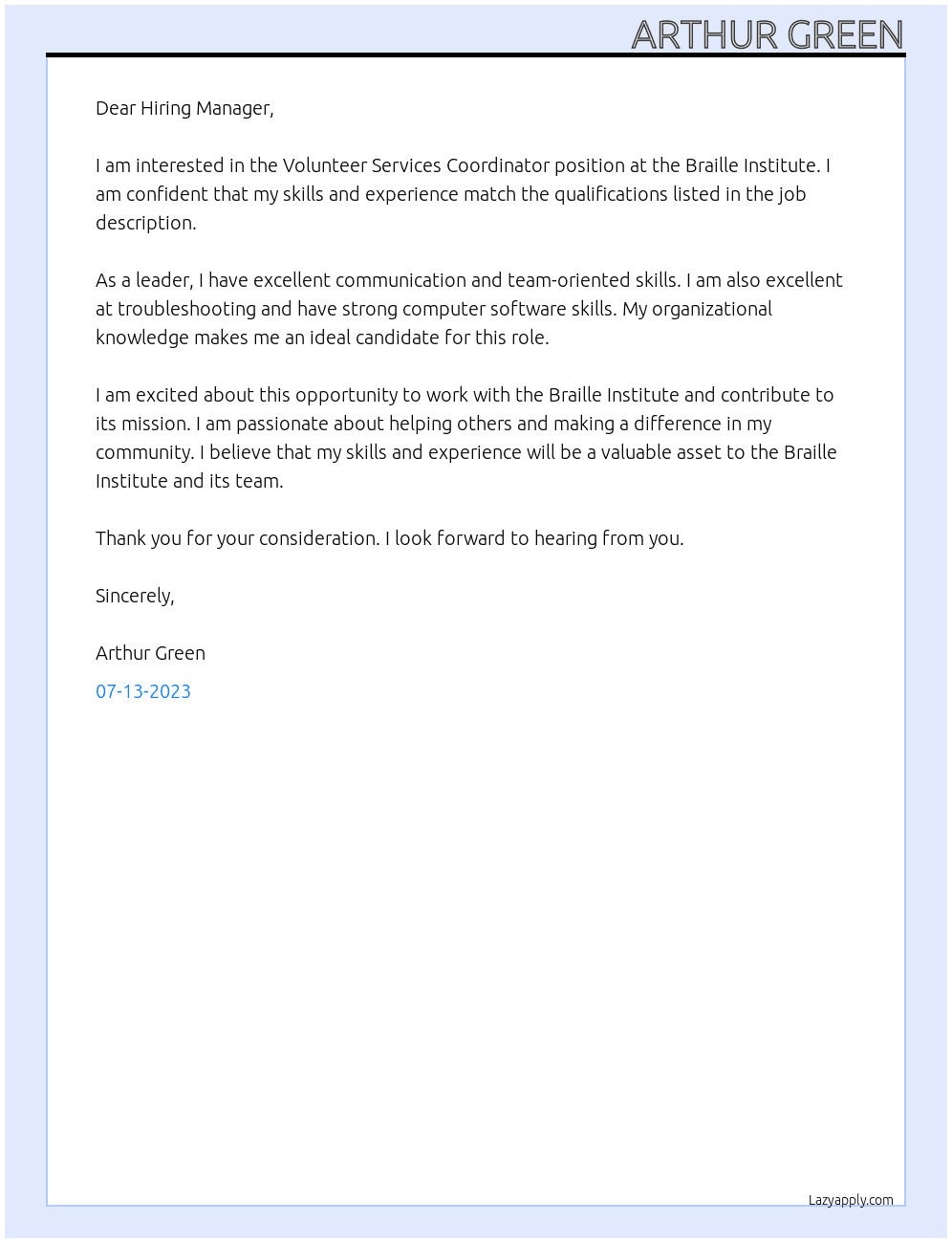 Volunteer Services Coordinator At Braille Institute Cover Letter