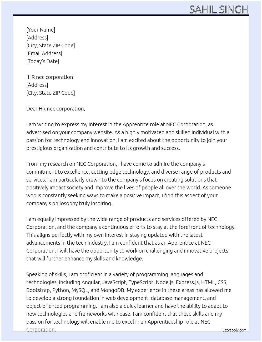 Apprentice At NEC Corporation Cover Letter