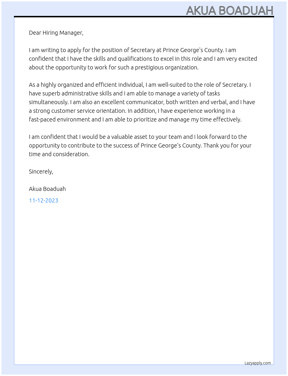 Secretary  At Prince George's County  Cover Letter