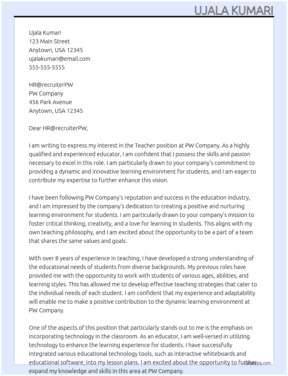 Teacher At PW Cover Letter