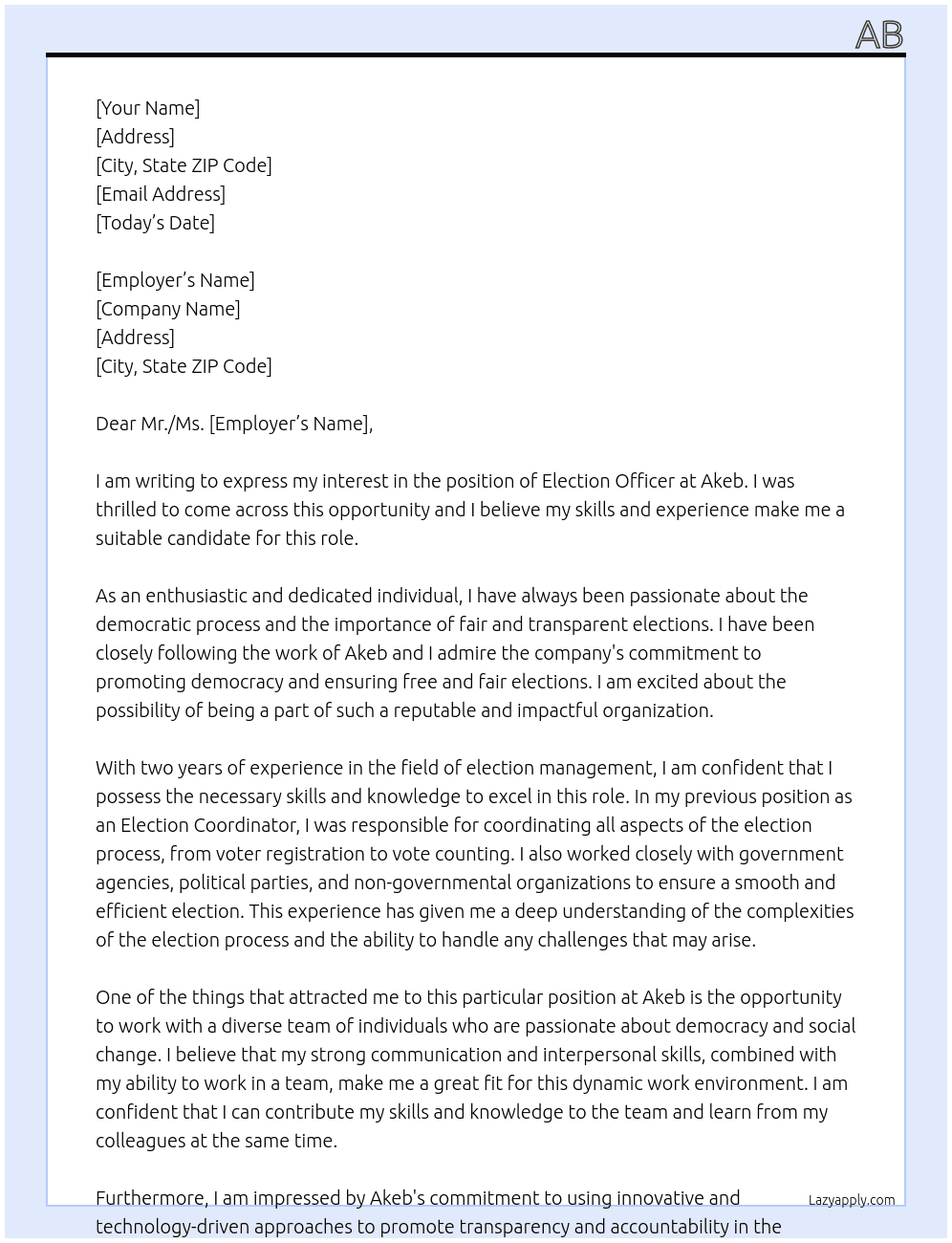 Election Officer At Akeb Cover Letter