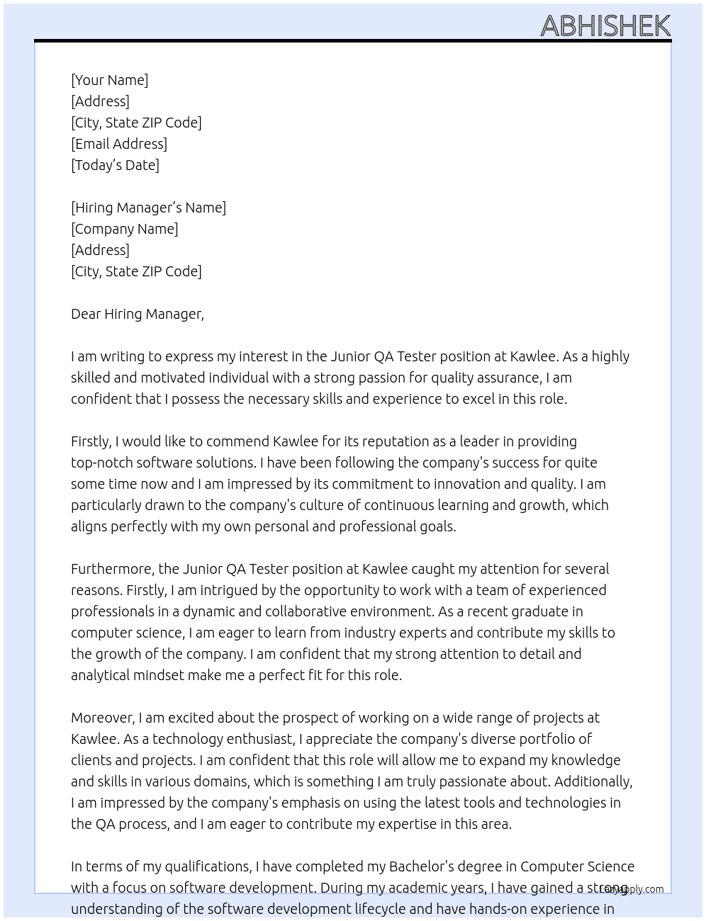 Junior Qa Tester At Kawlee Cover Letter
