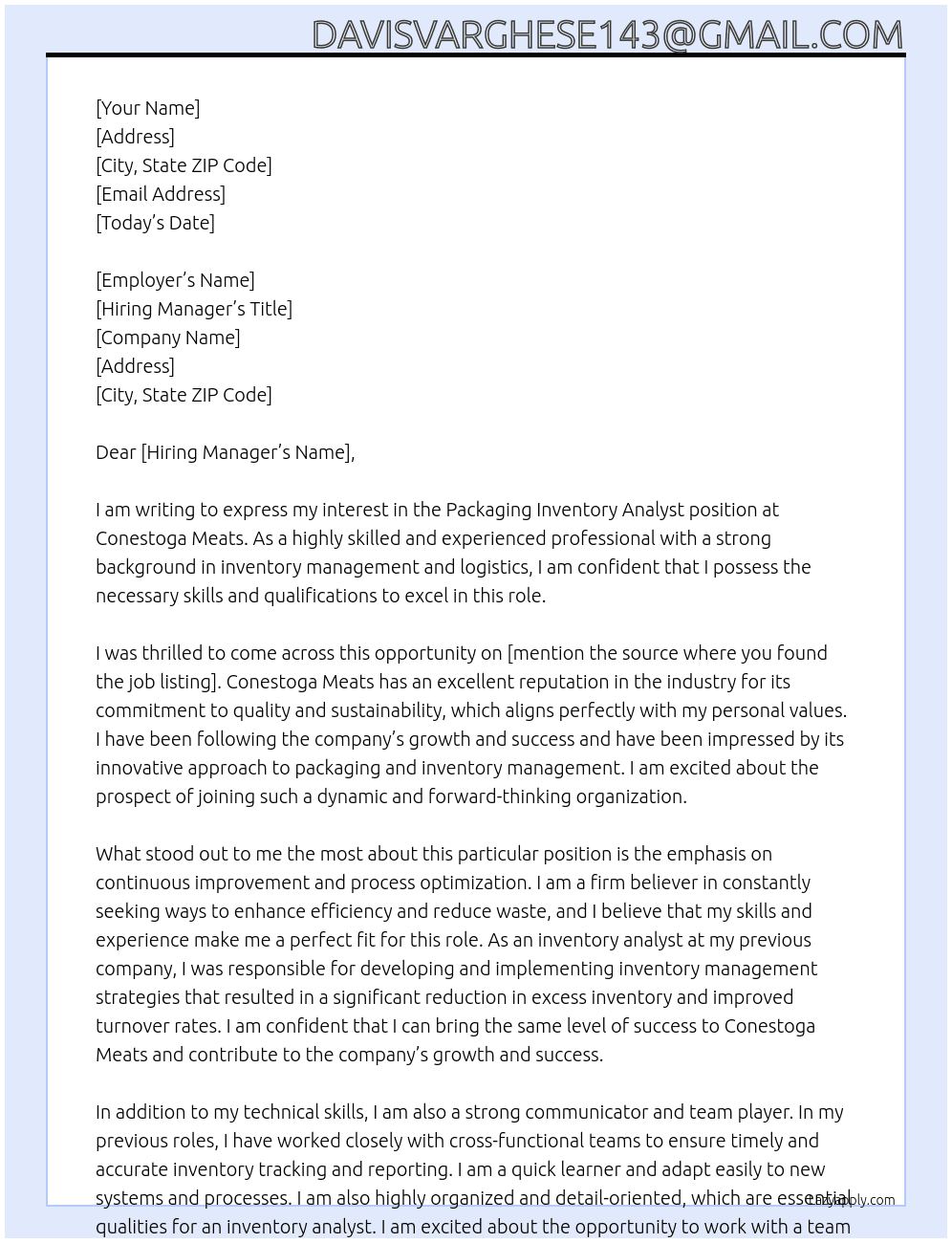 Packaging Inventory Analyst At Conestoga Meats Cover Letter