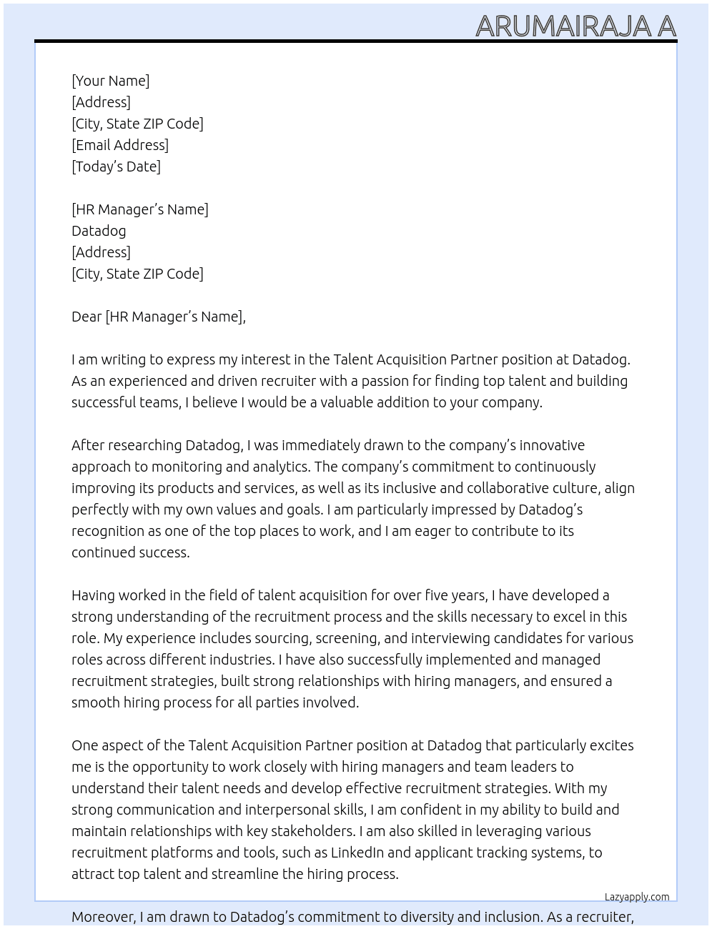 Talent Acquisition Partner  At Datadog Cover Letter