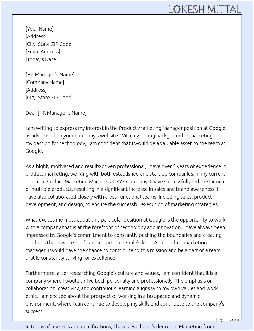 product marketing manager At Google Cover Letter