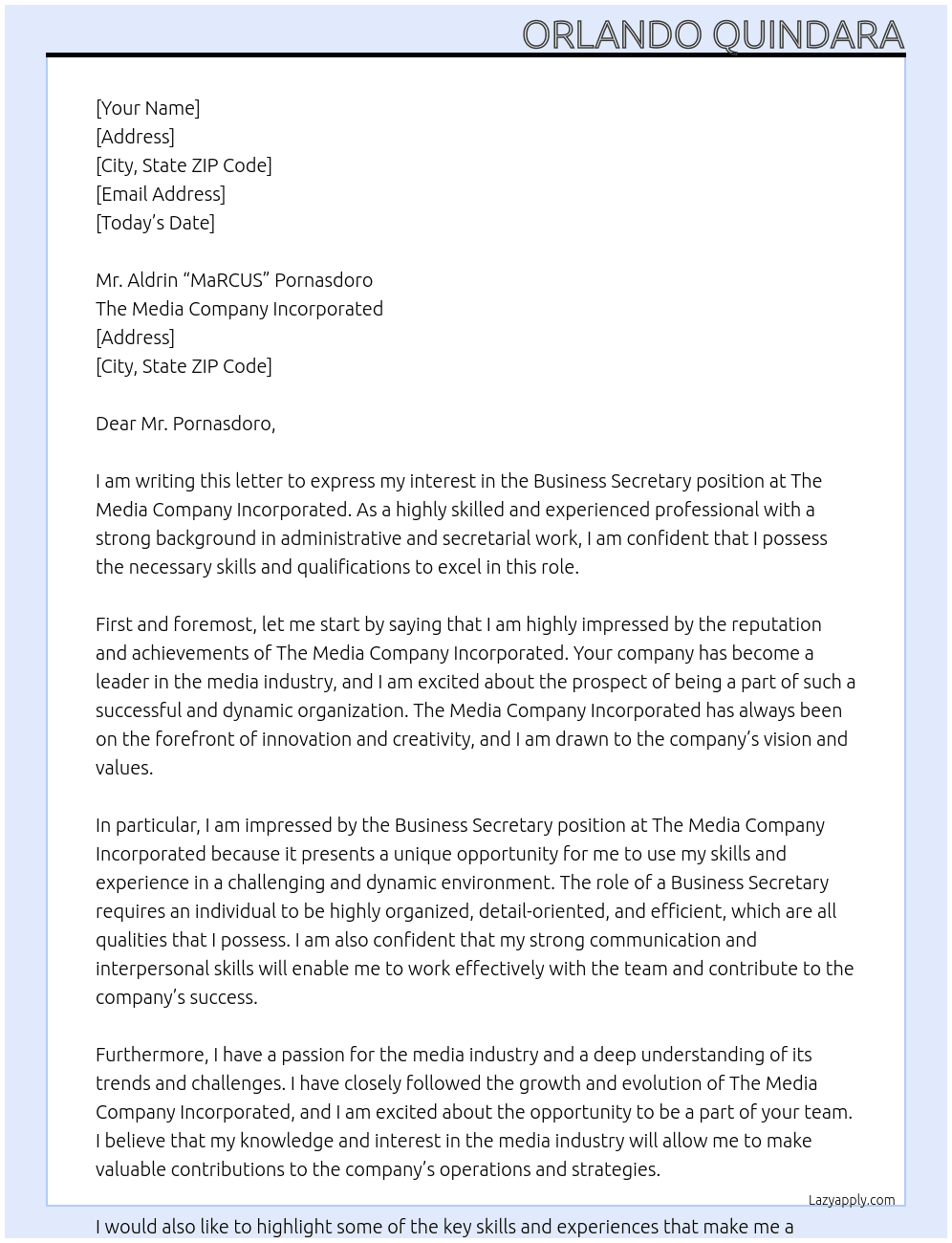Business Secretary At The Media Company Iincorporated Cover Letter