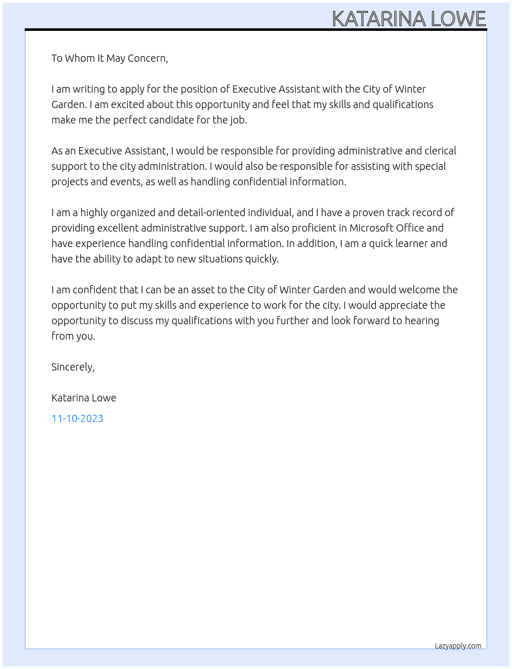 Executive Assistant At City of Winter Garden Cover Letter