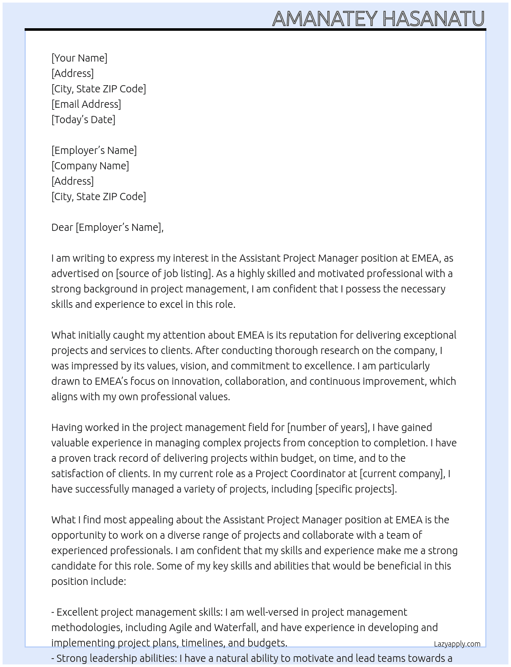 Assistant project manager At EMEA Cover Letter