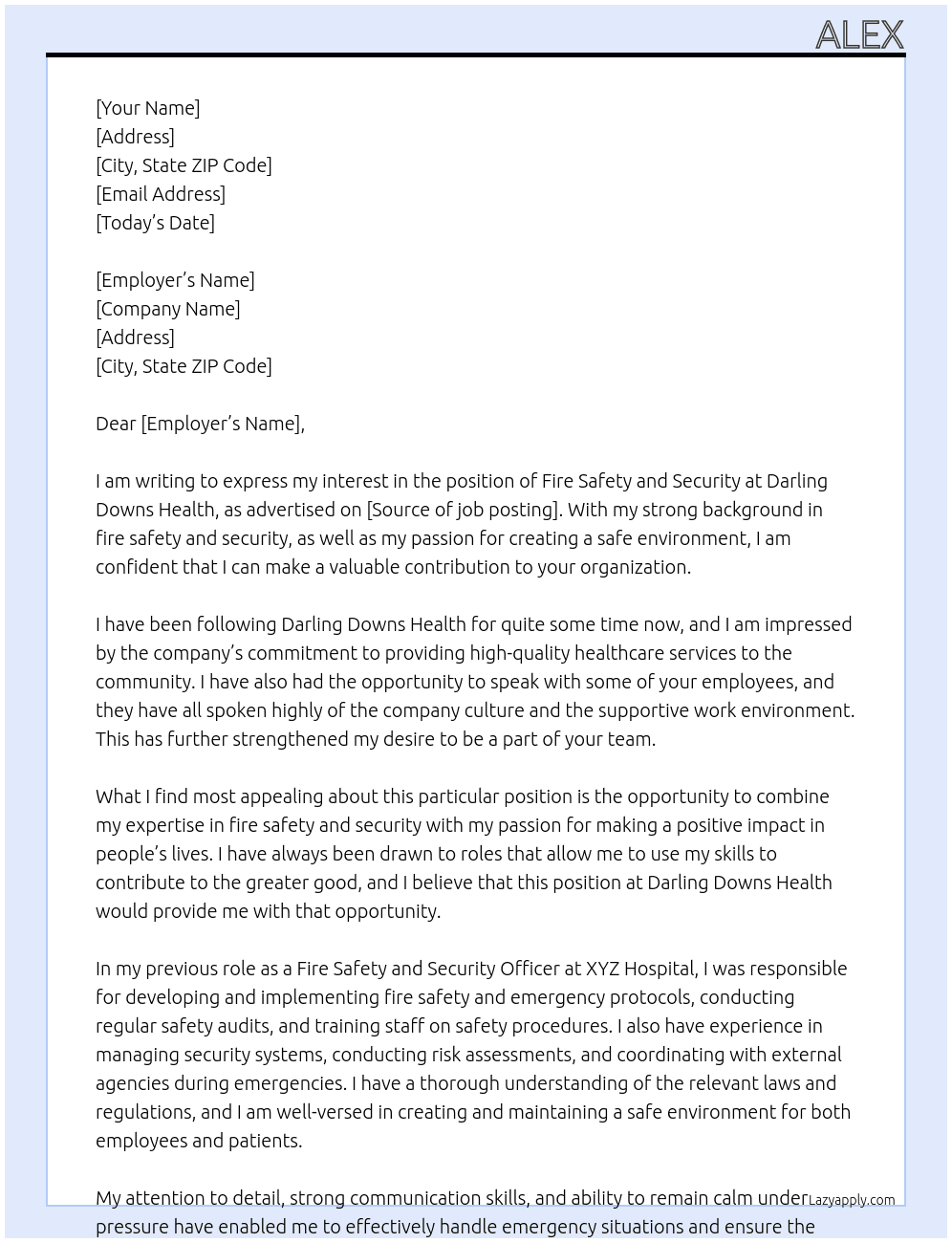 fire safety and security At darling downs health Cover Letter