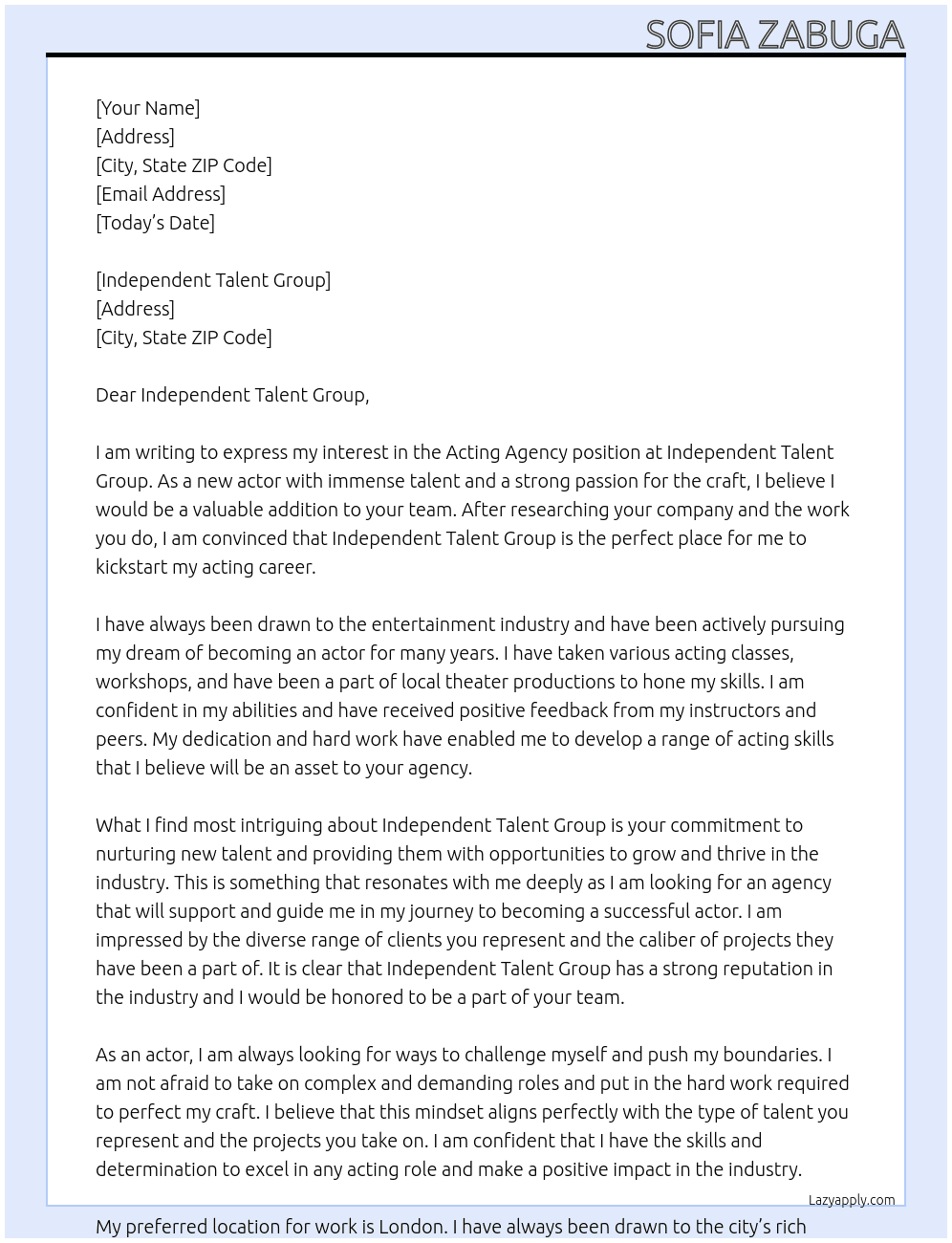Acting agency At Independent Talent Group Cover Letter