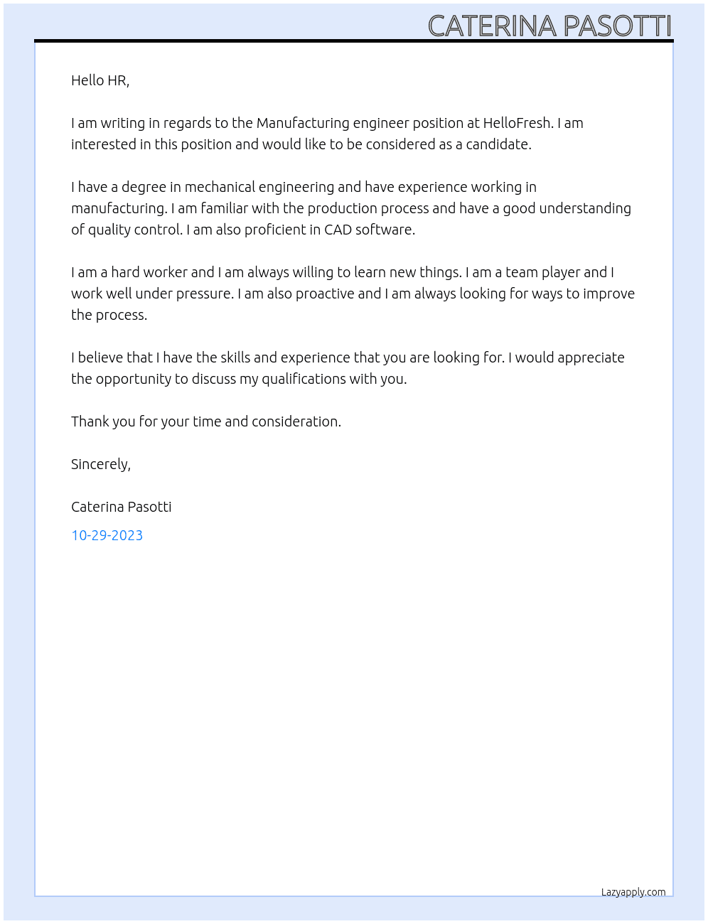 Manufacturing engineer At HelloFresh Cover Letter
