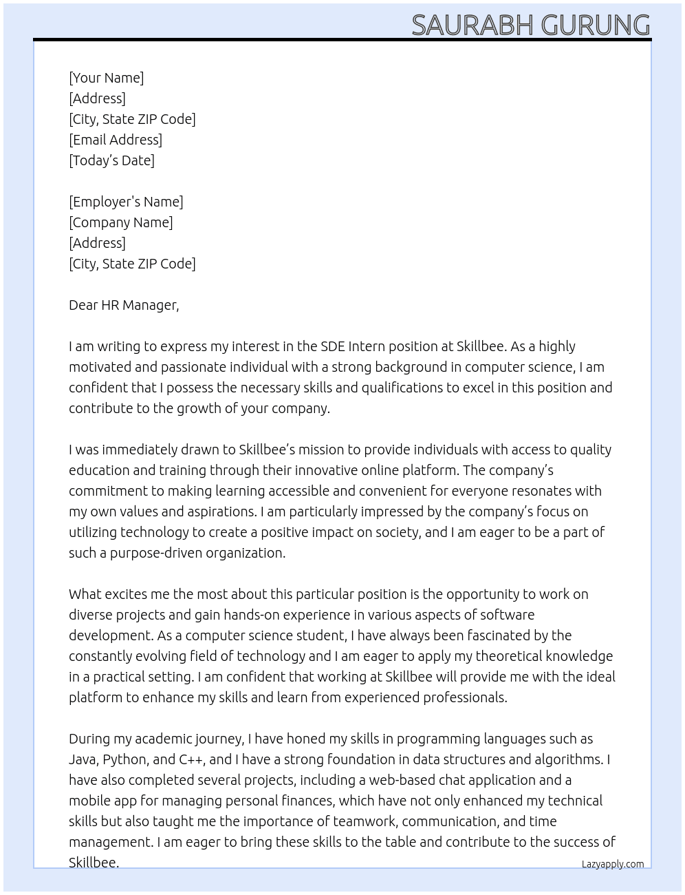 SDE Intern At Skillbee Cover Letter