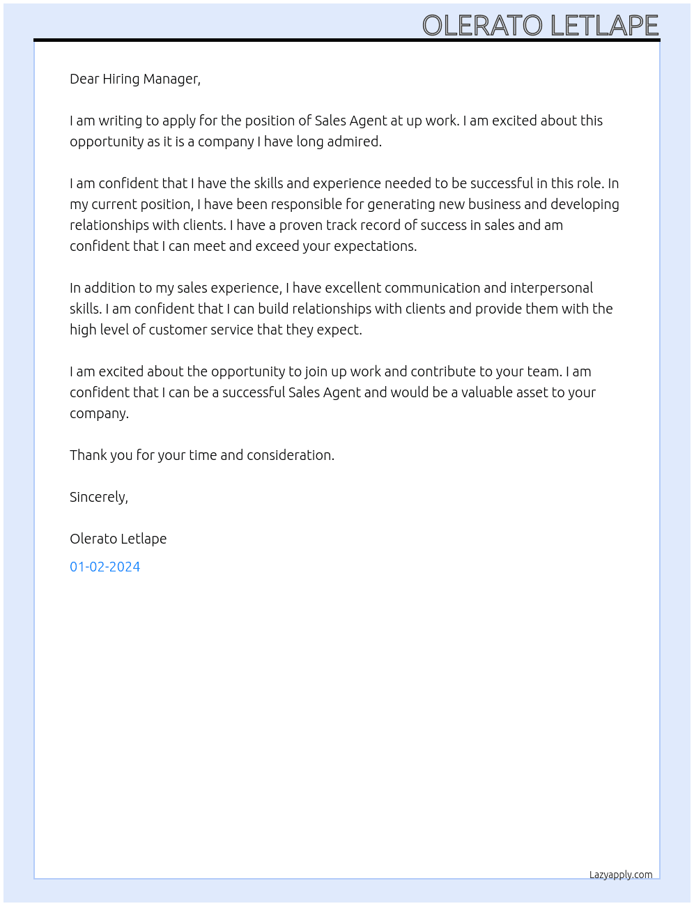 sales agent At up work Cover Letter