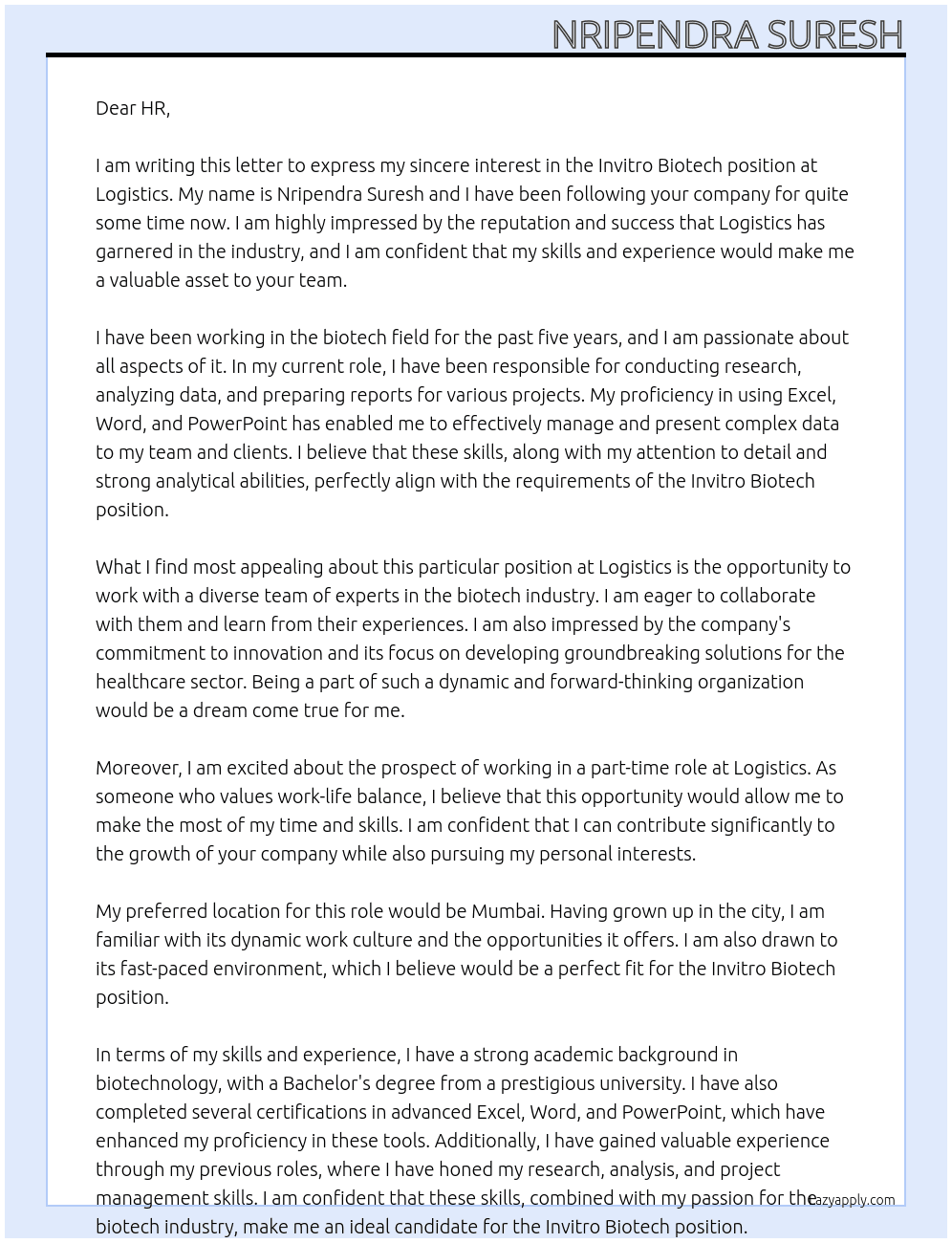 Invitro Biotech At Logistics Cover Letter
