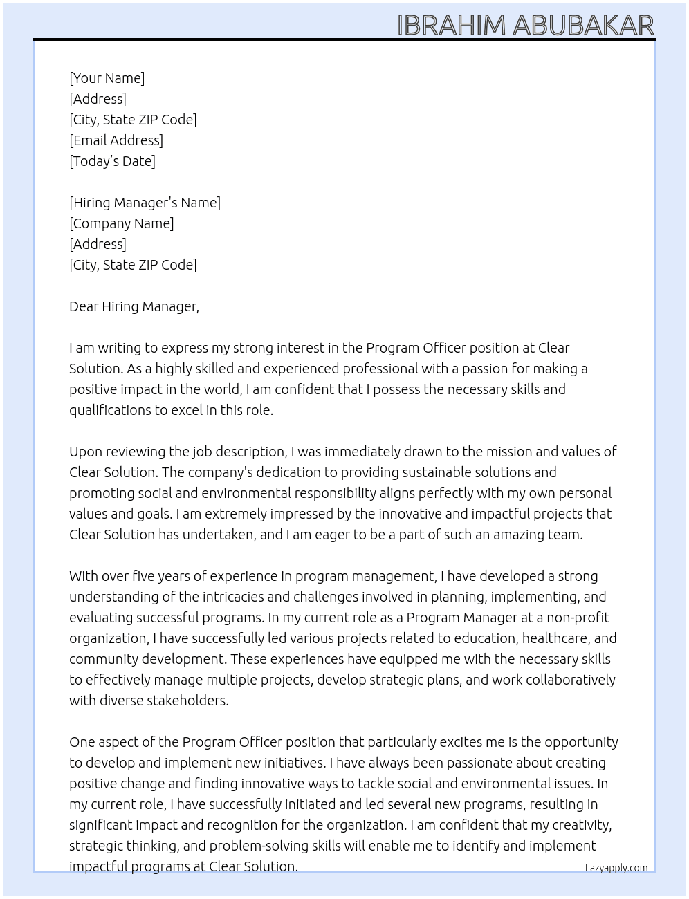 Program Officer  At Clear Solution  Cover Letter