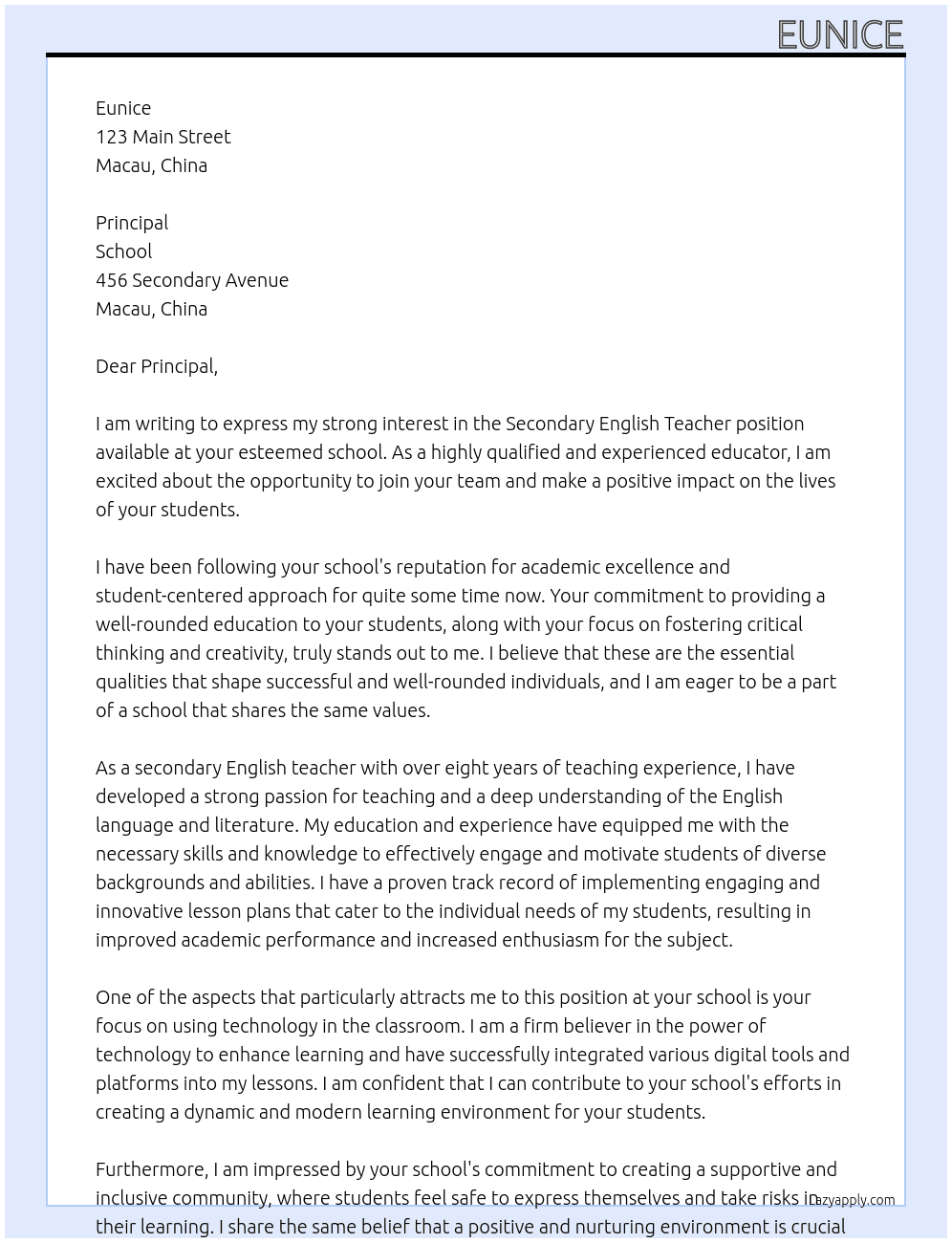 Secondary English teacher At School Cover Letter