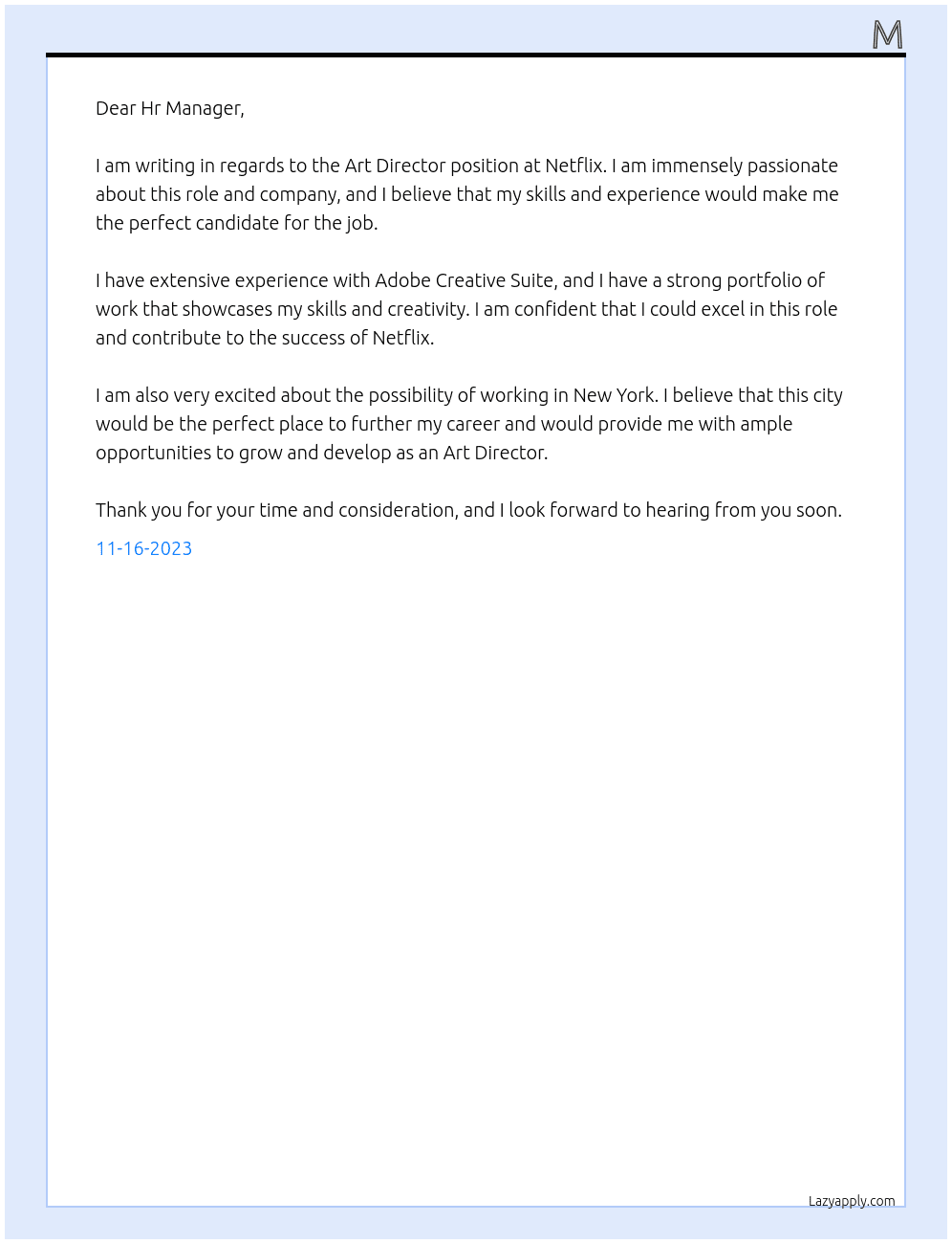 Art Director At Netflix Cover Letter