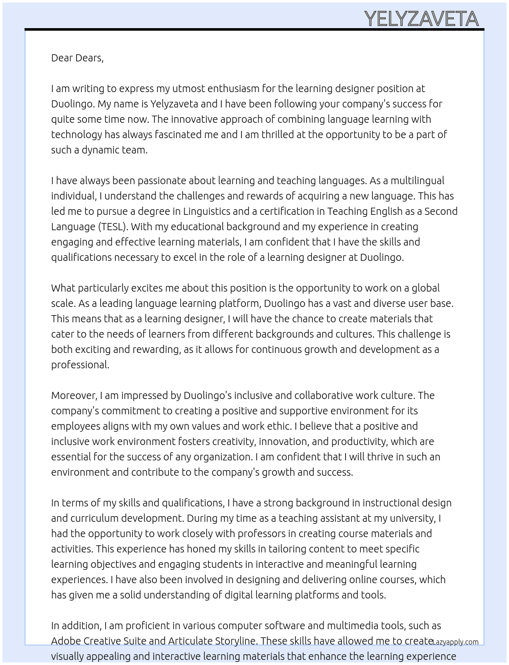 learning designer At Duolingo  Cover Letter