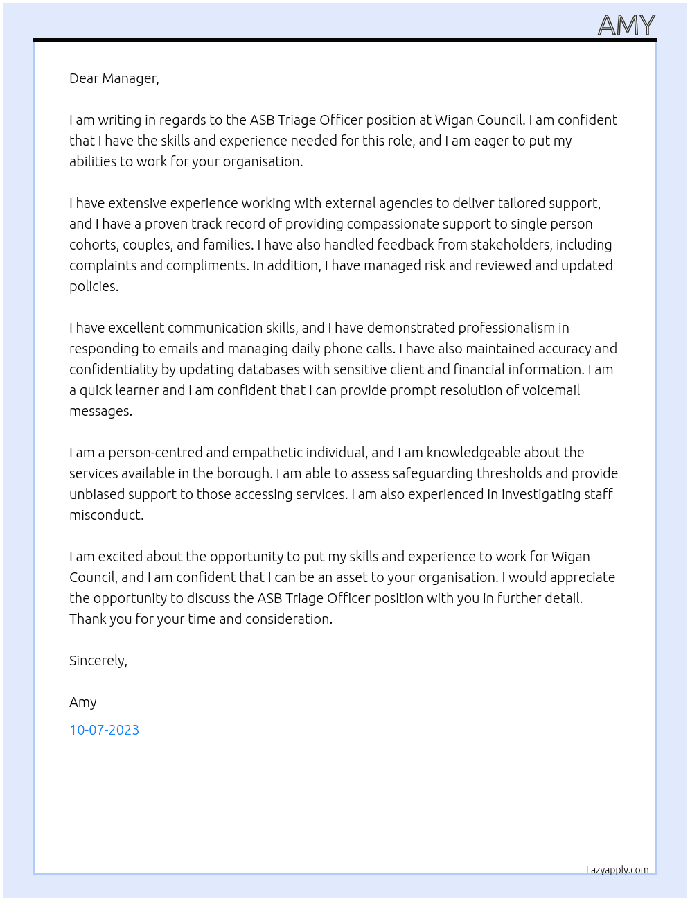 ASB Triage Officer At Wigan Council Cover Letter