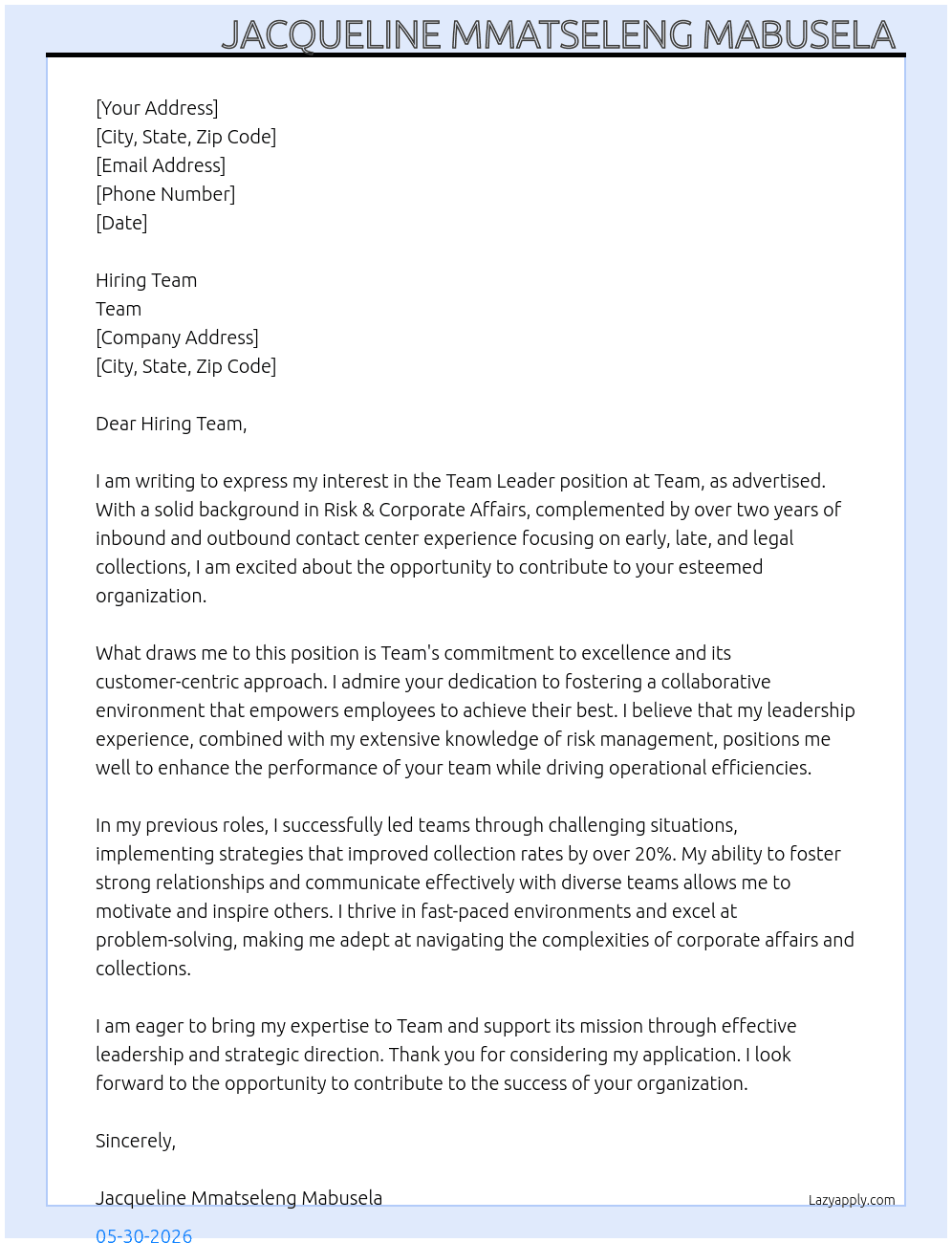 Team Leader At Team Cover Letter