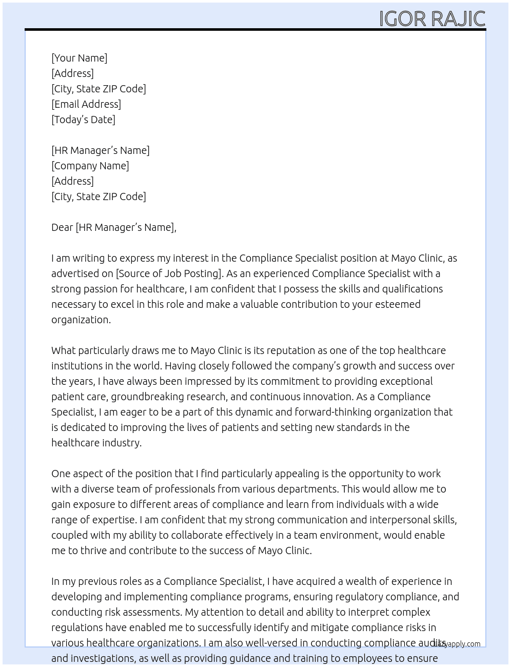 Compliance Specialist At Mayo Clinic Cover Letter