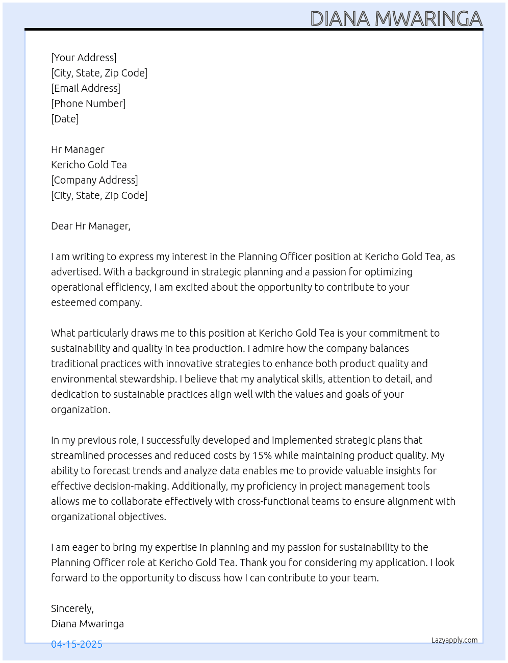 Planning Officer At Kericho Gold Tea Cover Letter