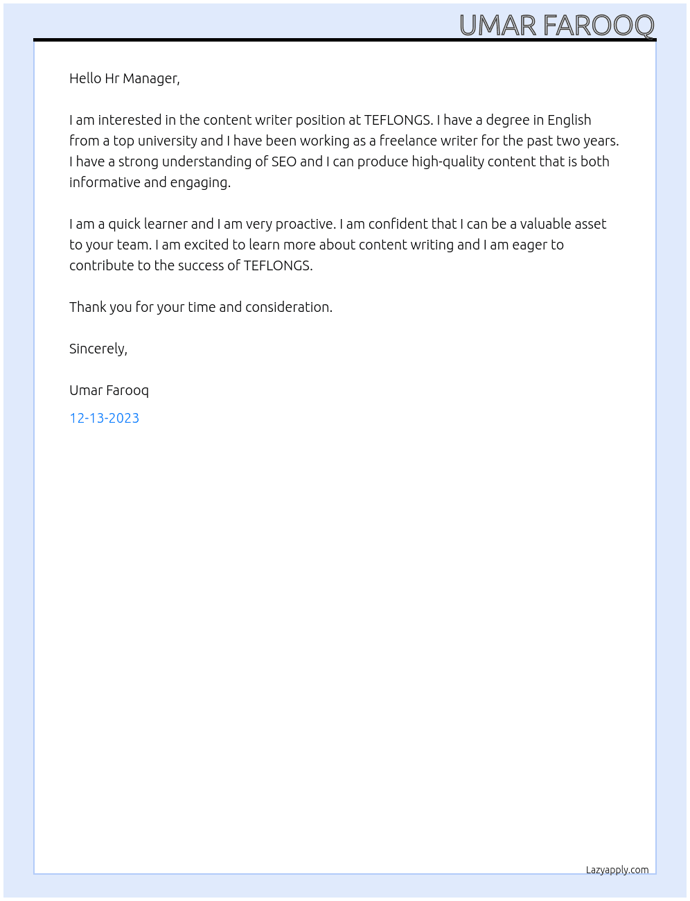 content writer At TEFLONGS A Marketing Agency Cover Letter