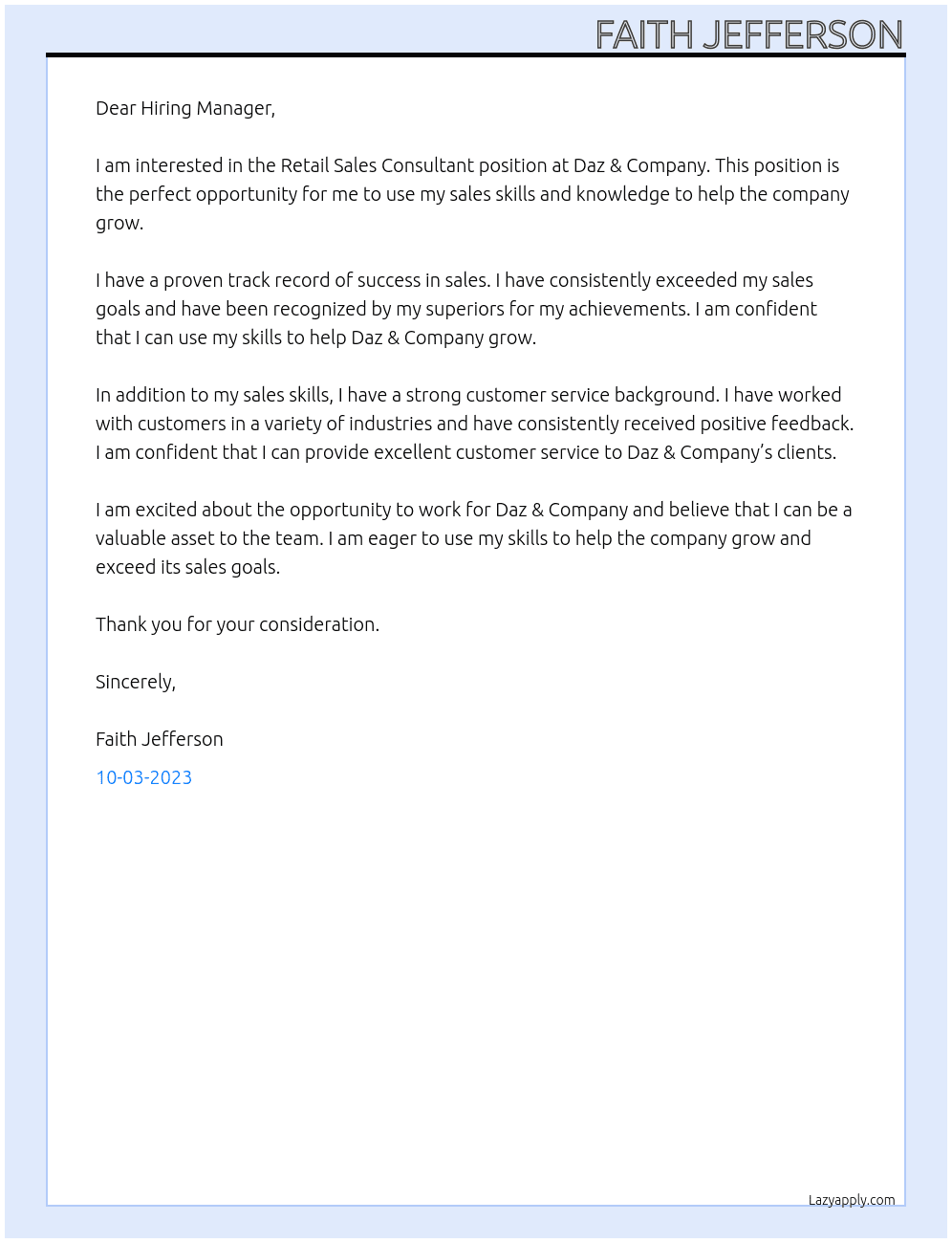 Retail Sales Consultant At Daz & Company Cover Letter