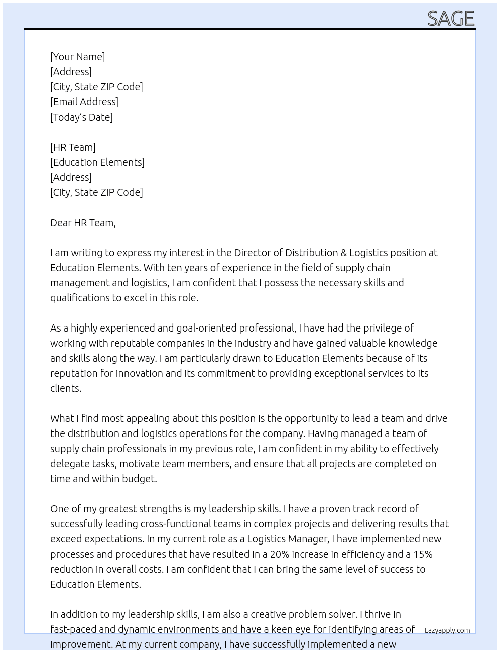 Director of Distribution & Logistics At Education Elements Cover Letter
