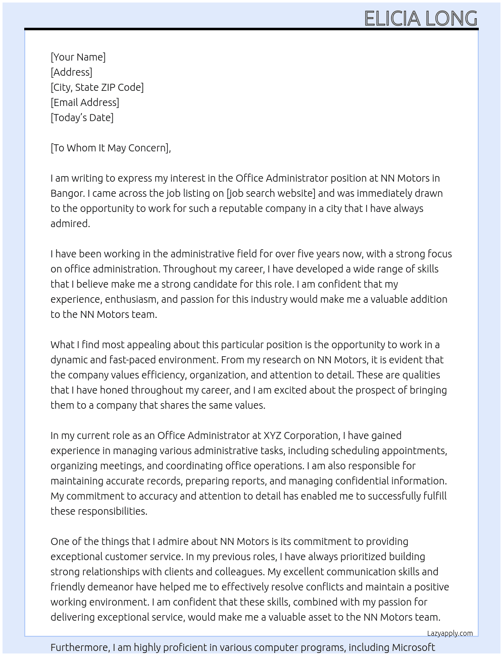 Office Administrator At NN Motors  Cover Letter
