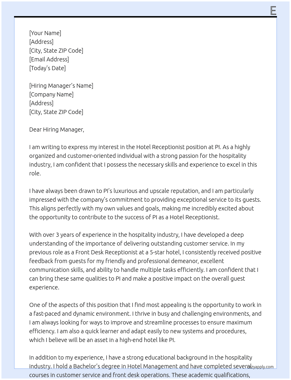 Hotel receptionist At *PI* Cover Letter