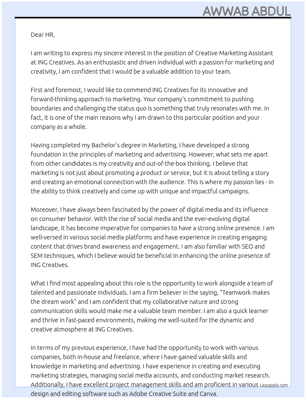 Creative Marketing Assistant At ING Creatives  Cover Letter