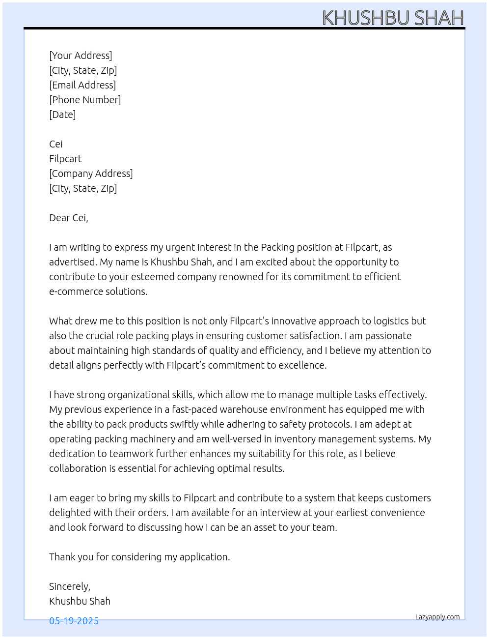 Packing At Filpcart Cover Letter