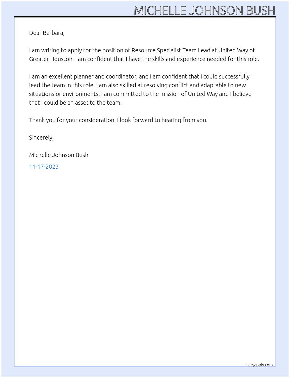 Resource Specialist Team Lead At United Way of Greater Houston Cover Letter